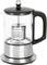 A glass and stainless steel kettle with a black handle and lid, fitted with an integrated tea strainer.