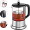 Electric kettle with a black handle, stainless steel base and digital display. Shows red tea, water level indicators and temperature settings.