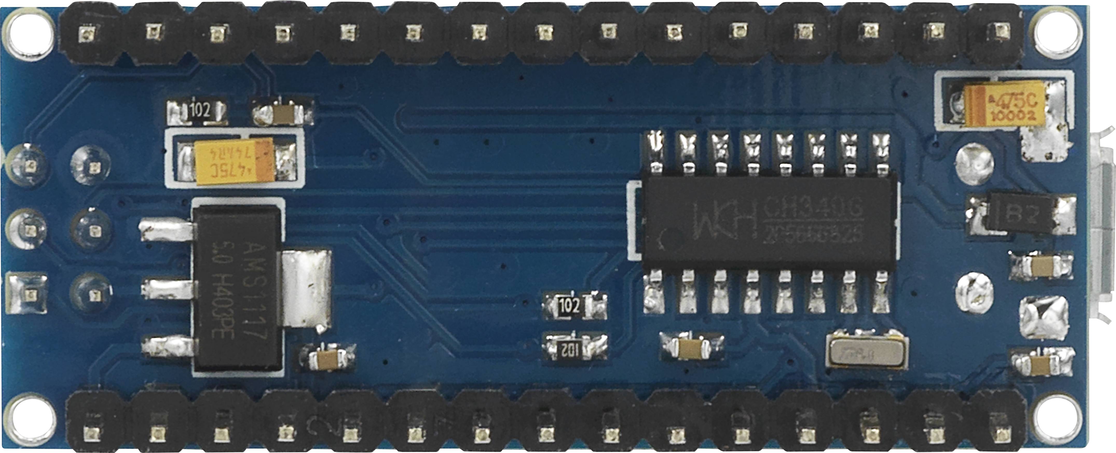Microcontroller board with multiple electronic components and connections visible on a blue background.