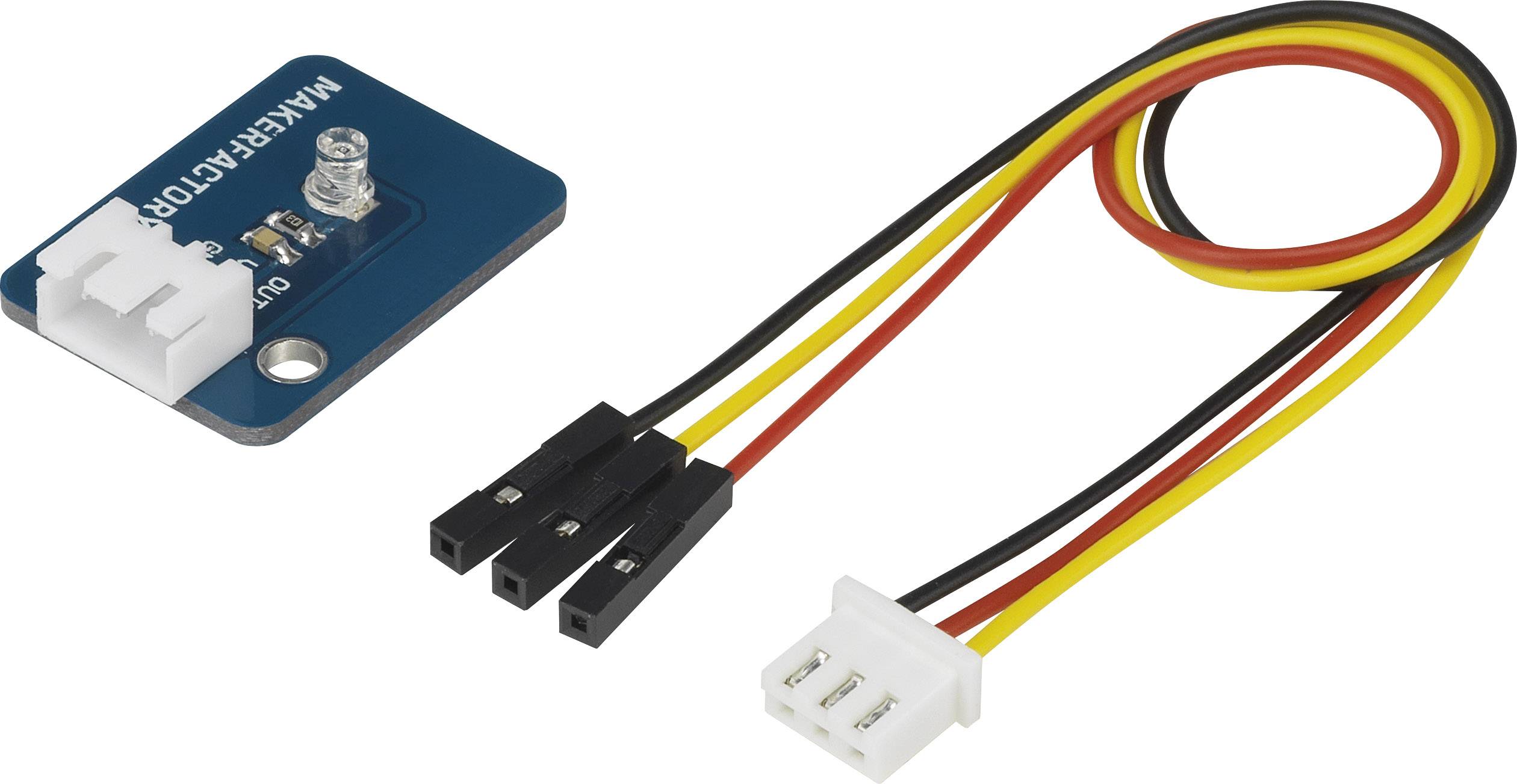 Electronic sensor with three connection wires in yellow, red and black next to a blue module labelled 'MAKEEFACTOR'.