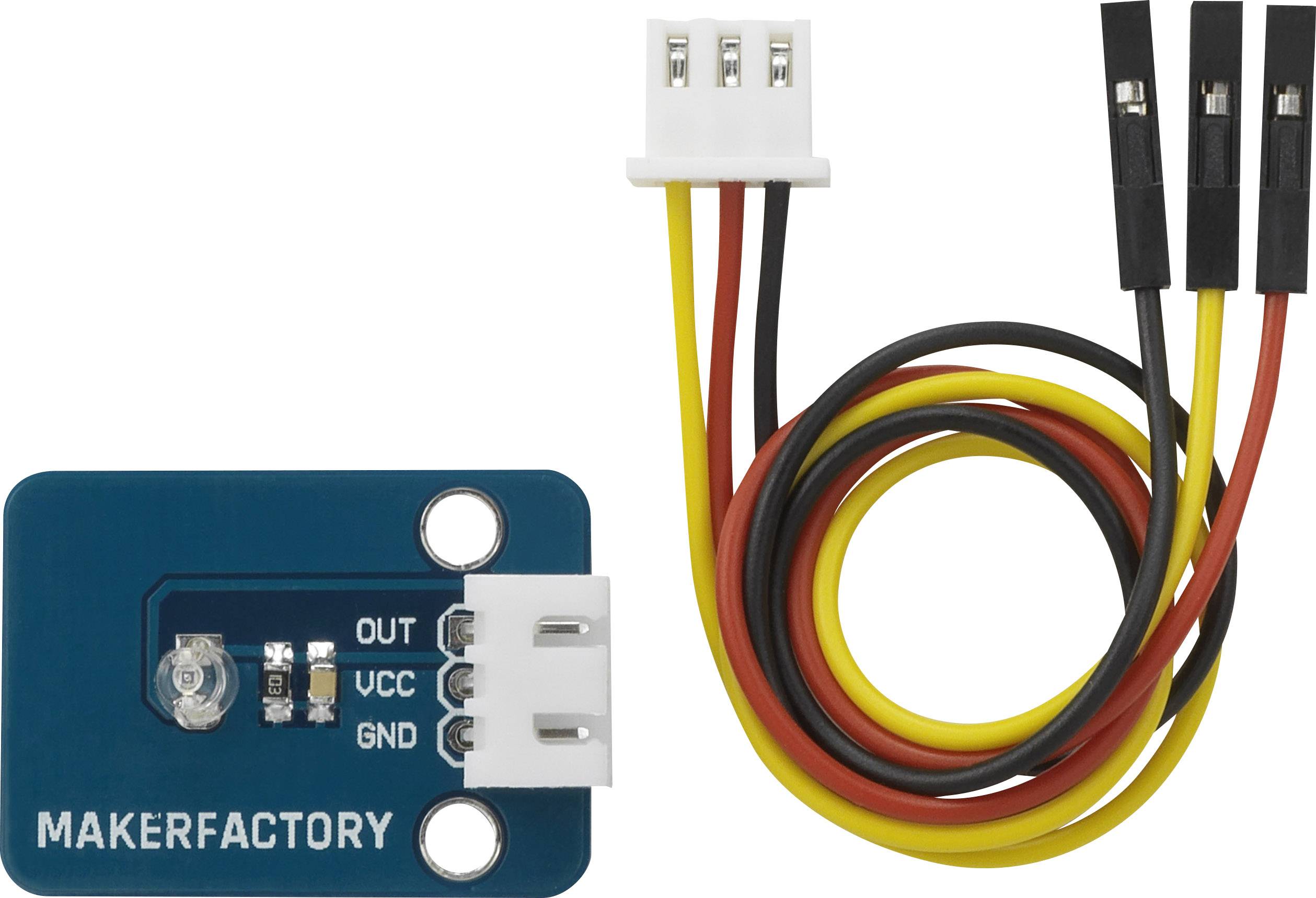 A MAKERFACTORY light sensor with three connections (OUT, VCC, GND) and coloured connection cables in red, yellow, and black.