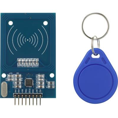A radio-frequency identification (RFID) module with a chip and a blue key fob for identification and communication in systems.