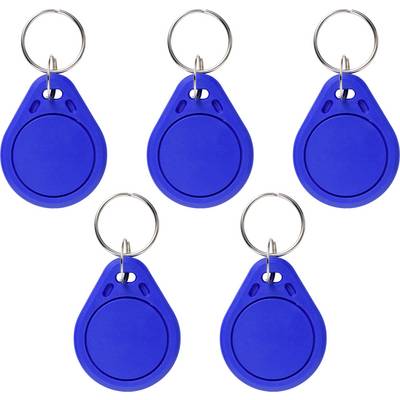 Five blue RFID key fobs with metal rings, symmetrically arranged, against a white background.