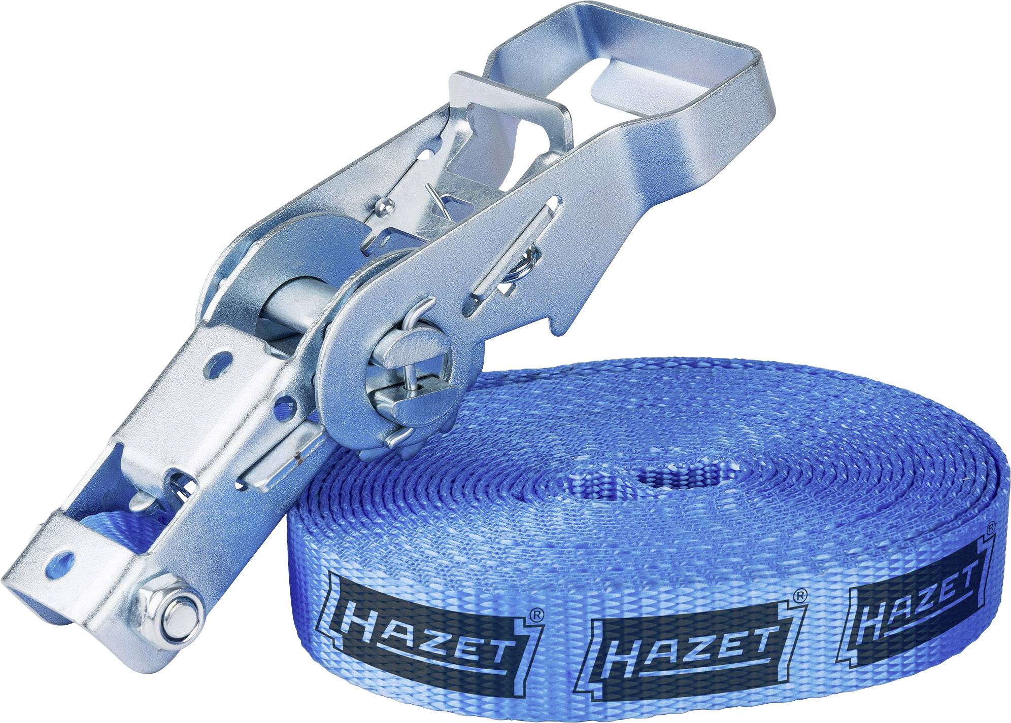 A blue ratchet strap with 'Hazet' printed on it is rolled up. A metal buckle for fastening is shown.