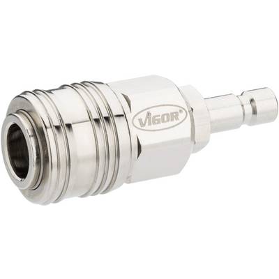 A chrome-plated quick-release coupling connector with the 'Vigor' marking, used in pneumatic systems for rapid connection of hoses.