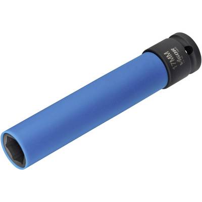 Blue impact socket with 17 mm size, commonly used for tightening or loosening screws and nuts with a torque wrench.