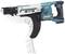 Cordless Magazine Screwdriver with ergonomic handle, blue-black, displaying screw magazine. Tool for rapid screwing of large quantities.