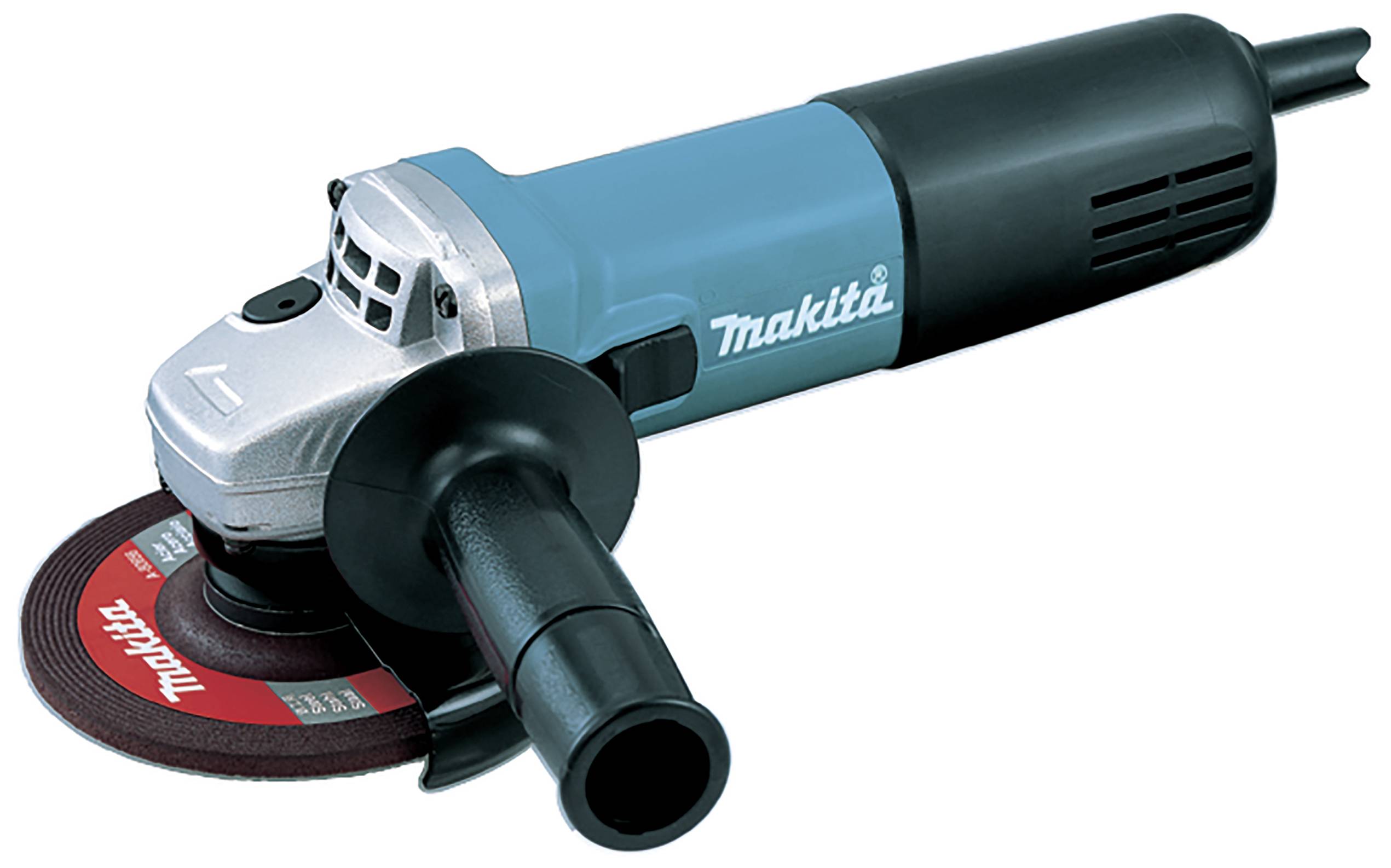 A blue angle grinder with a black handle and red-black grinding disc, suitable for cutting and grinding work.