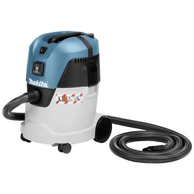Industrial vacuum cleaner in blue and white with two large wheels and a flexible hose, suitable for workshop or construction site.