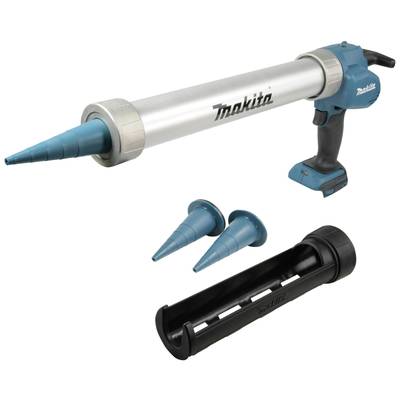 Electric cartridge gun with a blue handle and attachments. Product name and brand displayed on the gun.