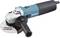 Angle grinder with blue casing, side handle, and visible disc mounting. Text on disc: 'Supplied without grinding disc'.
