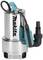 'Makita' stainless steel submersible pump with blue loop, black cable, and black adapter nozzle.