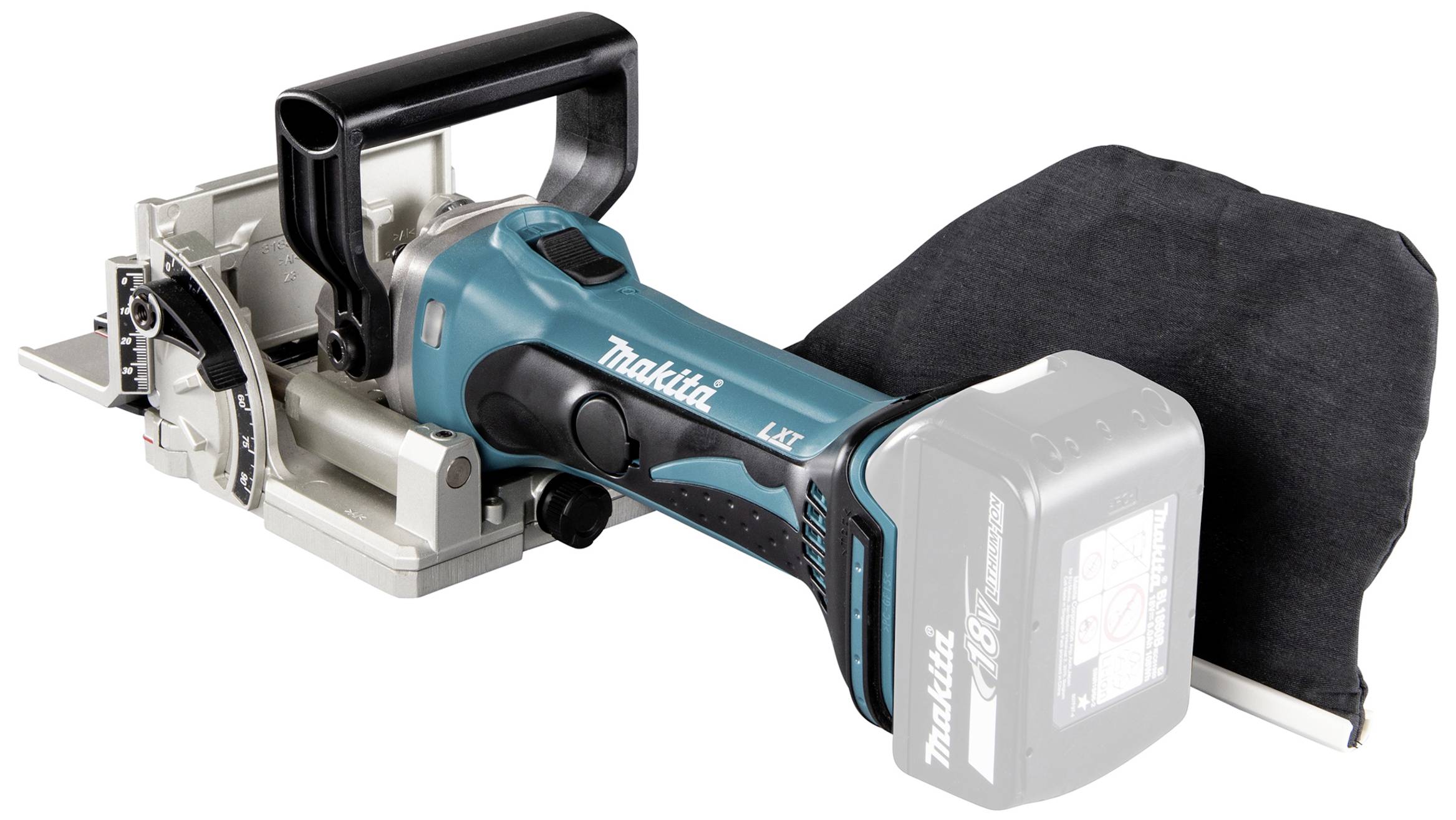 A navy-blue cordless router for wood joints with dust bag. 'Makita' brand name printed on the side of the device.