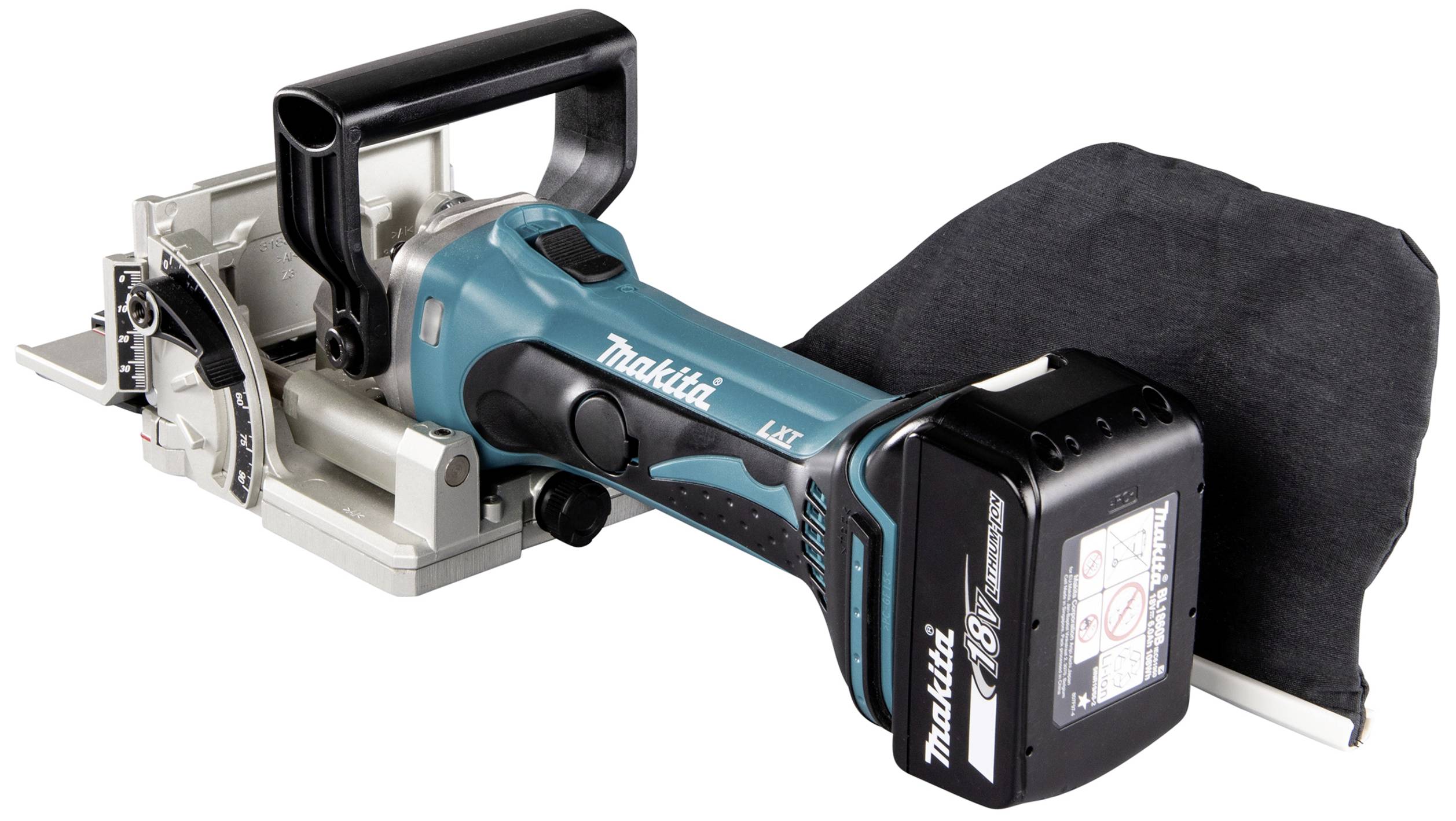 An electric power tool with a blue casing and black handle, with a saw unit on the left and a dust bag on the right.