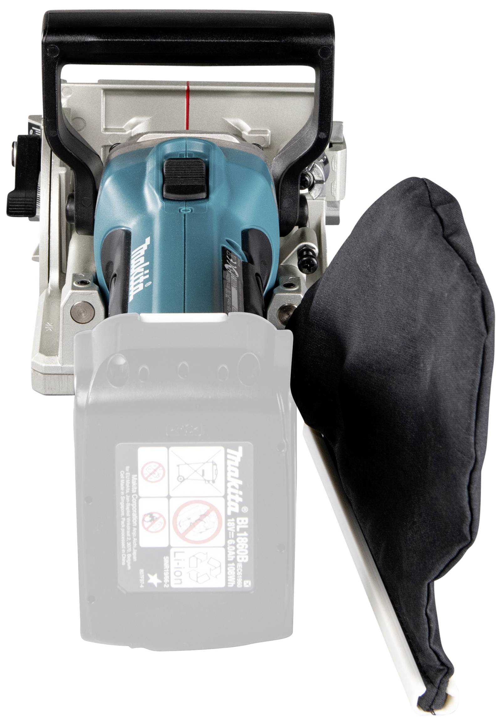 A blue, battery-powered router with a black handle and dust collection bag, positioned on a table.