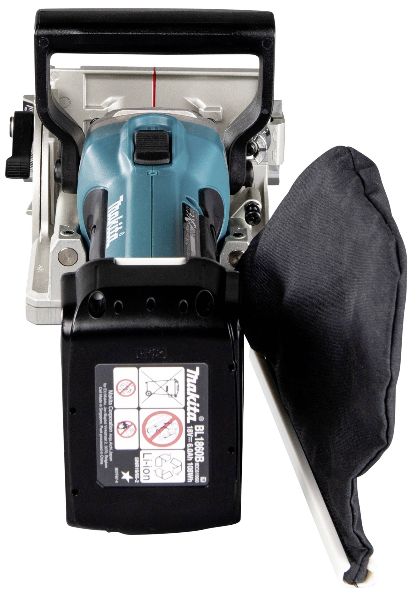 Electric power tool with blue casing, black handle and dust collection bag on the left side, against a white background.