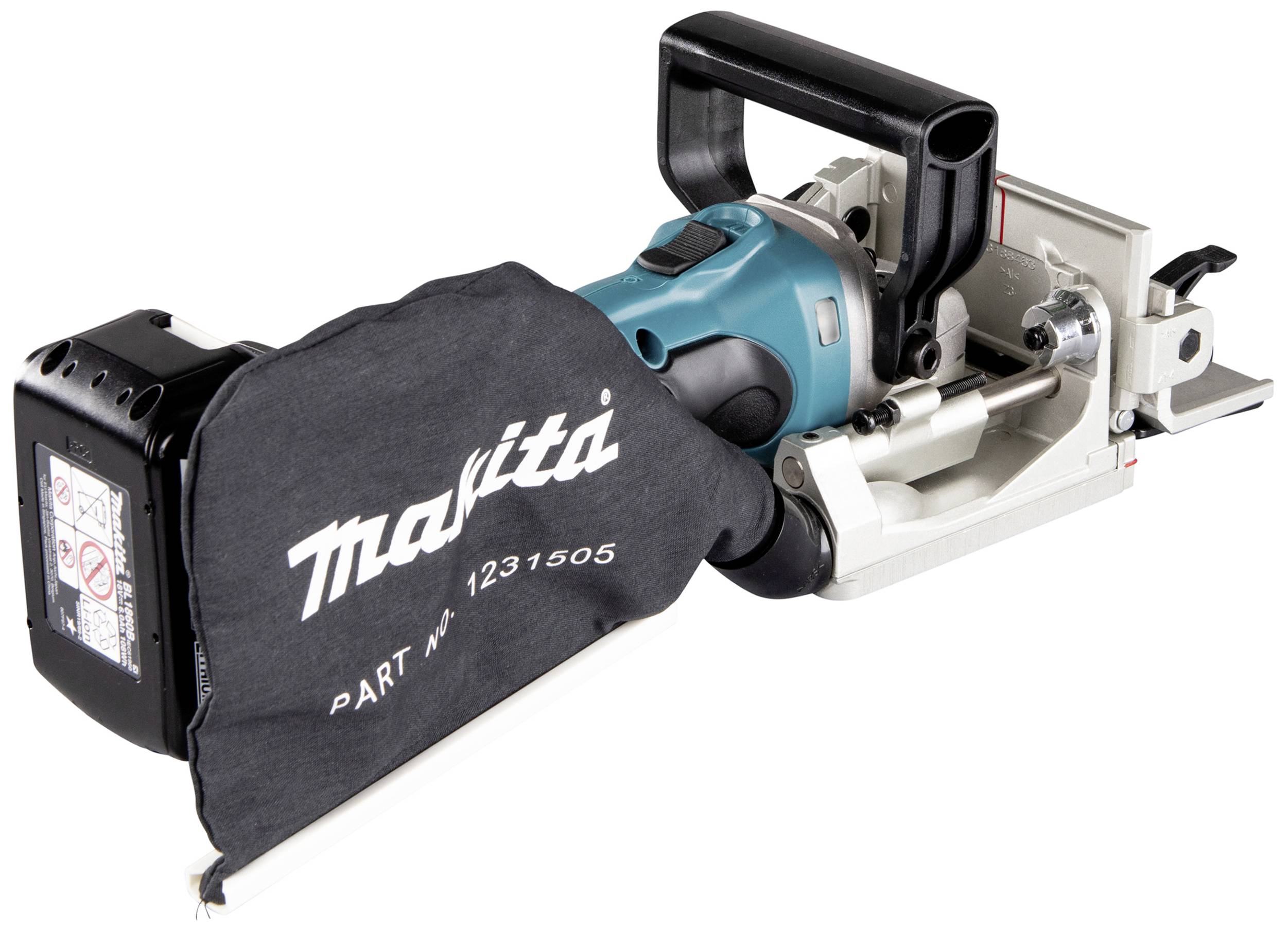 Makita hand-held belt sander with dust bag, suitable for sanding wooden surfaces.