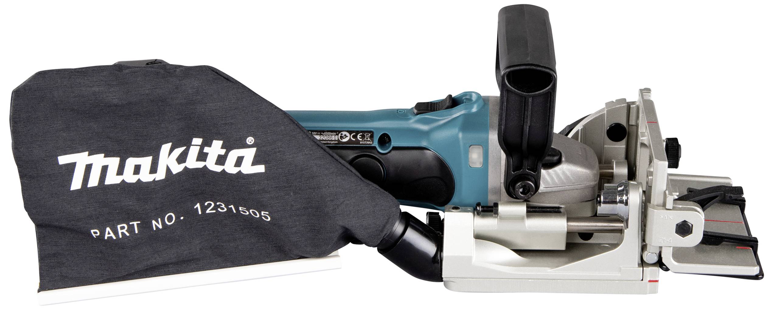 Electric power tool with a blue casing and black dust bag with 'Makita' lettering. Suitable for milling.