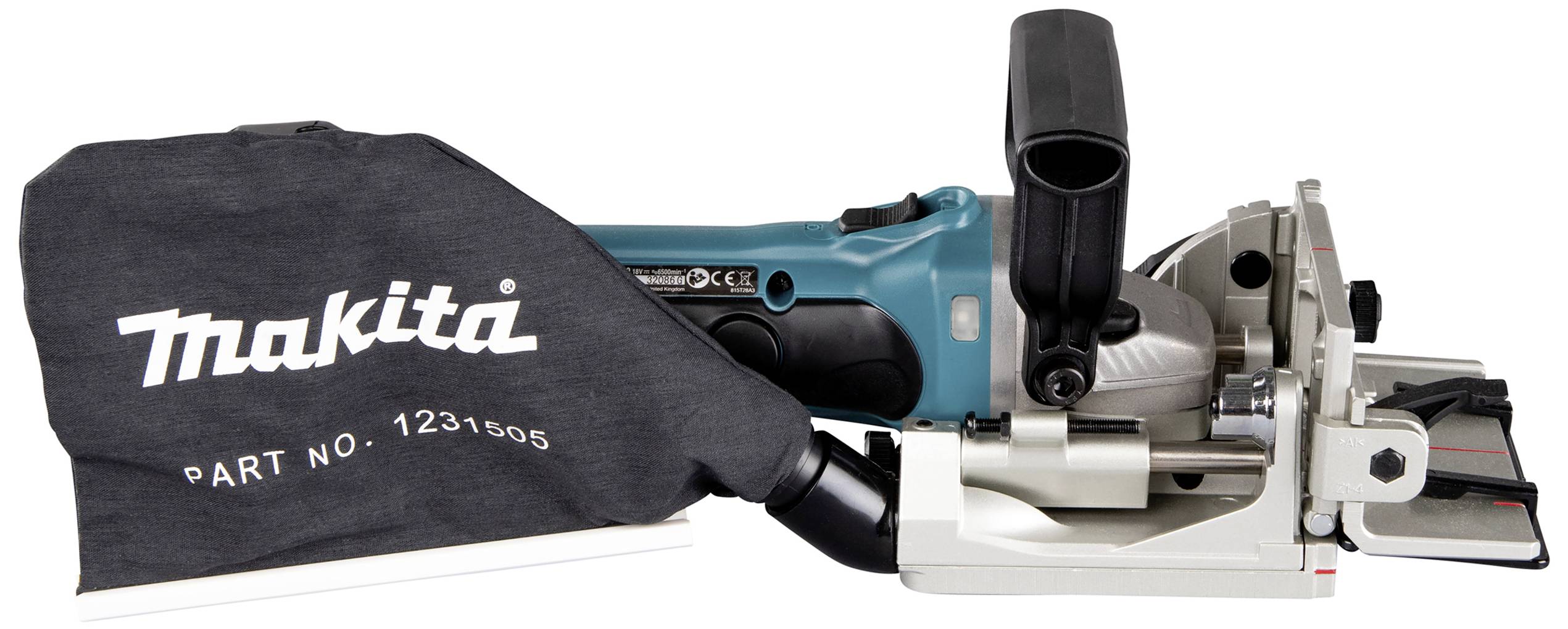 A blue Makita mitre saw with dust bag, model 1231505. The saw is designed for precise cuts in wood.