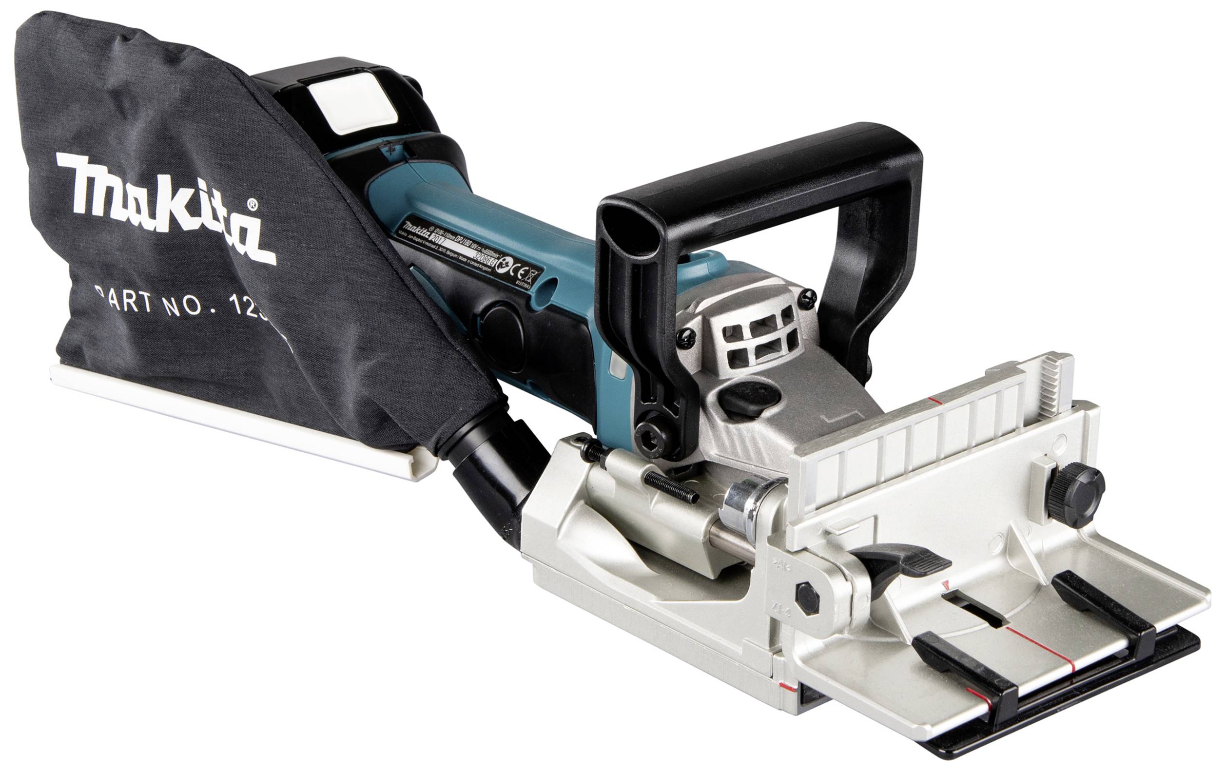 Wood jointing router with dust bag and handle, suitable for precise groove milling in wood joints.