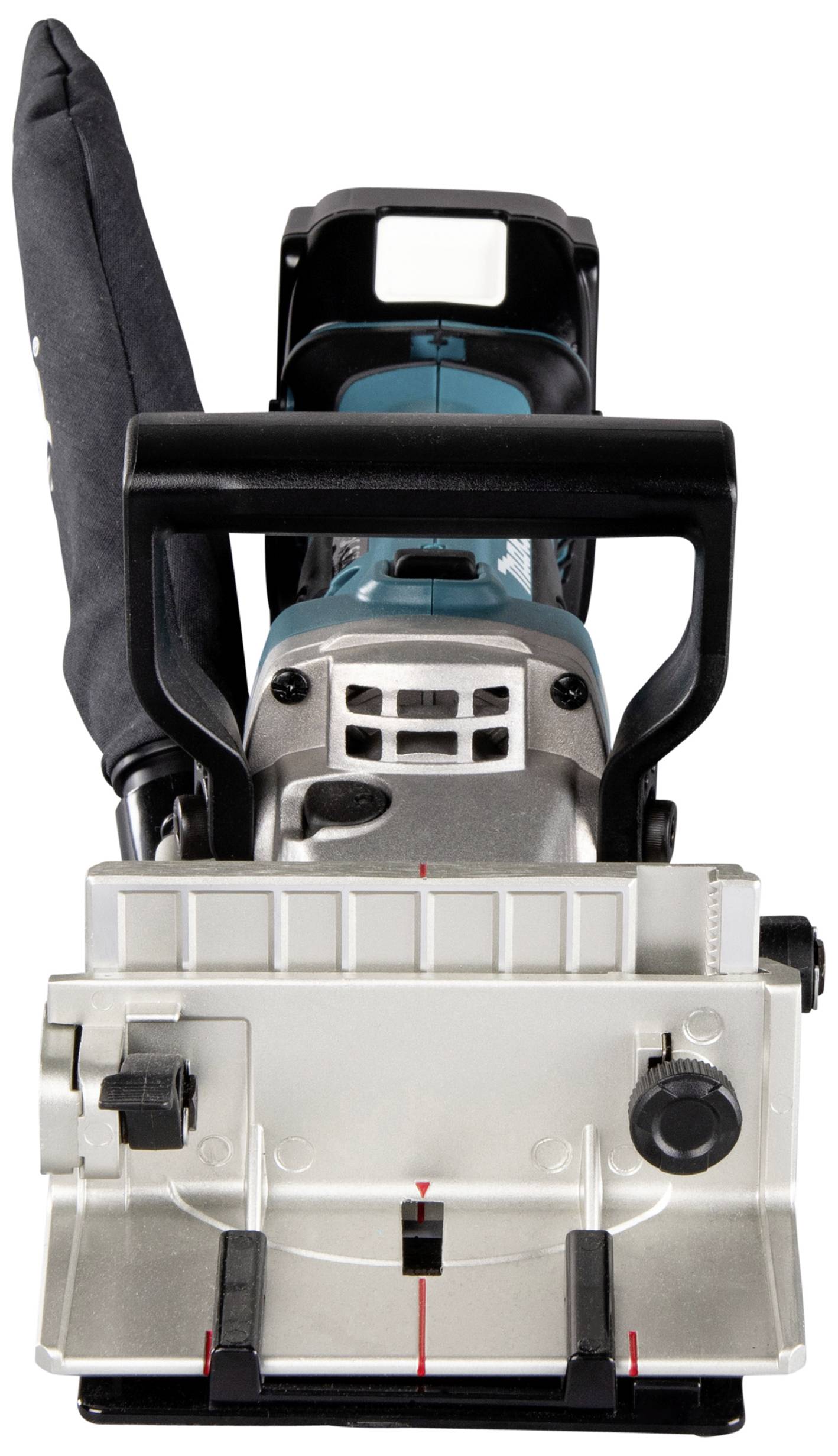 Front view of an electric power tool, likely a router, with handle, metal casing and black dust collection bag.