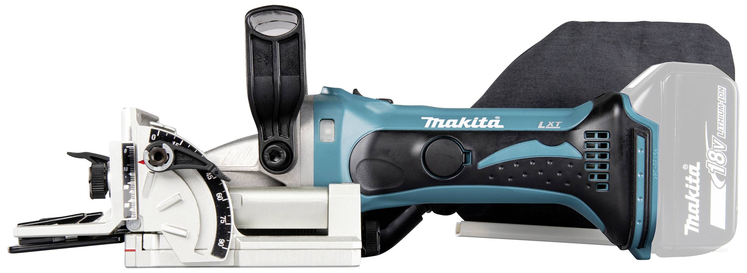 The image shows a blue and black Makita angle grinder. It is a cordless battery-powered model.