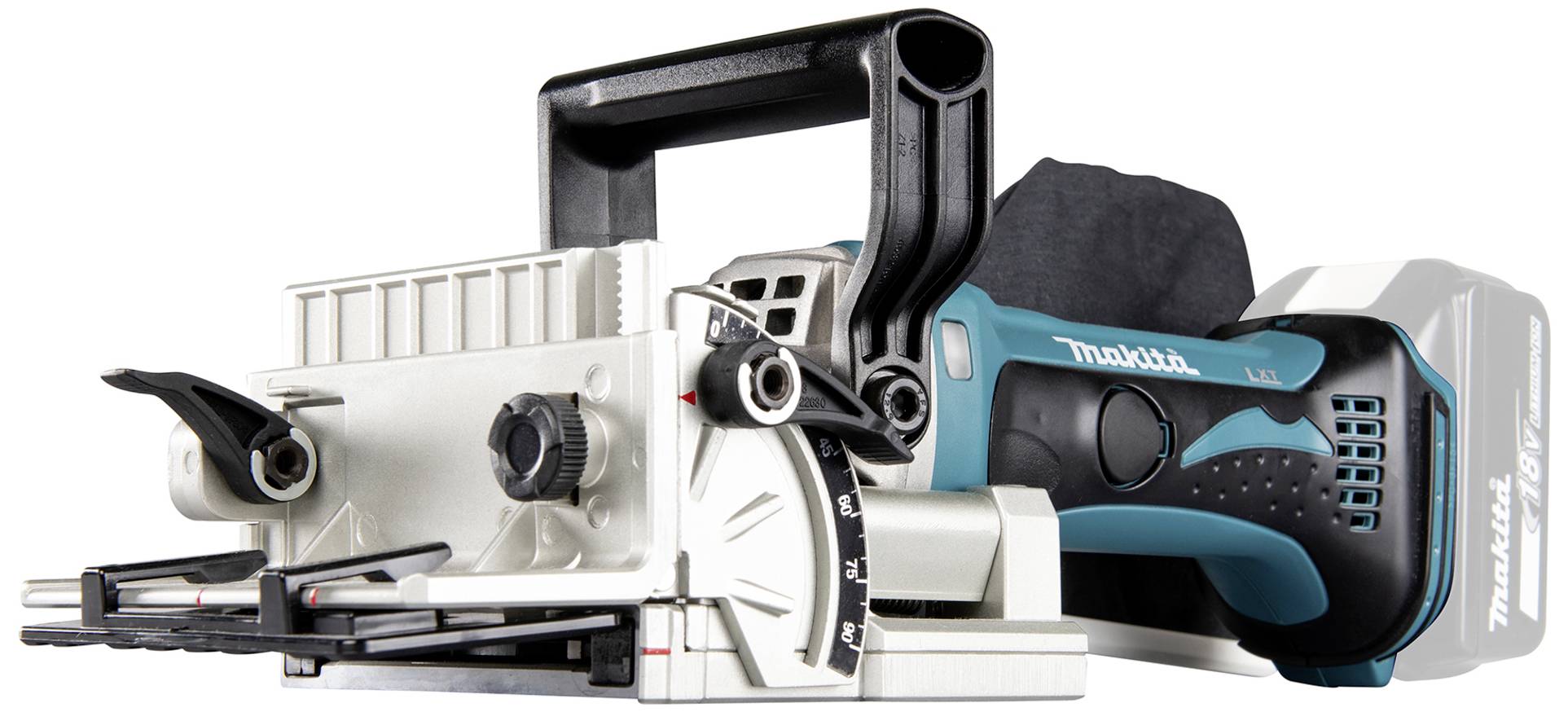 A cordless electric tool with a handle, switch, and adjustable scale, used for precision woodworking.