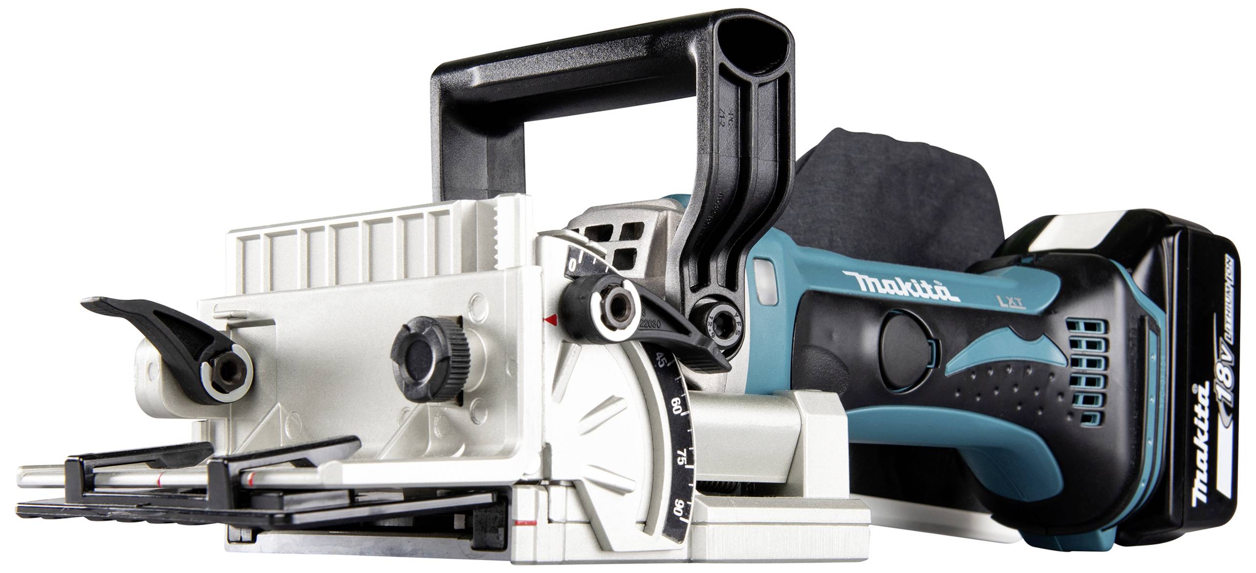 Battery-powered combination router by Makita with a black and blue housing, handle, and adjustment scale. Used for precision woodworking.