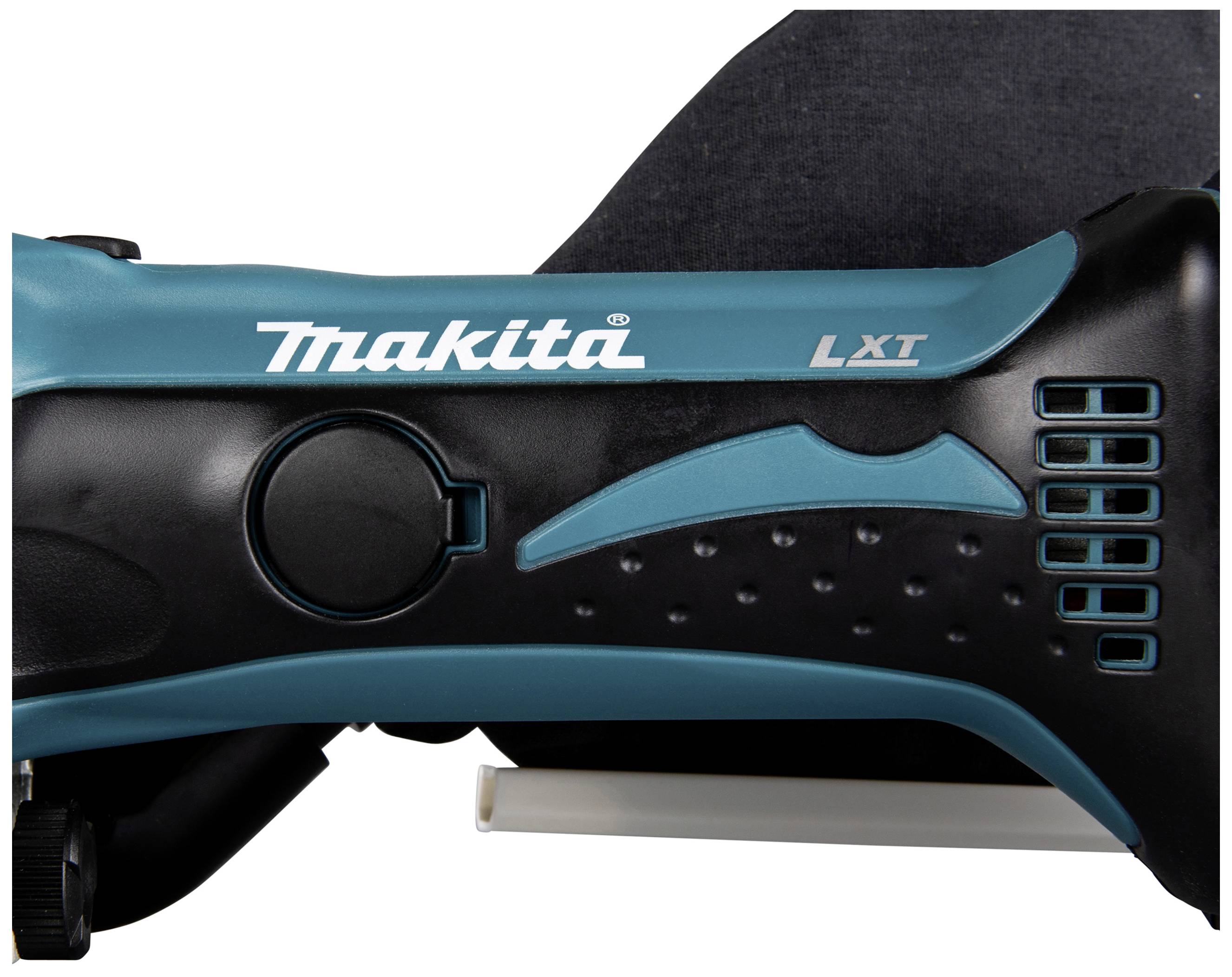 A Makita battery-powered angle grinder with a blue casing, side guard, and ergonomic handle.