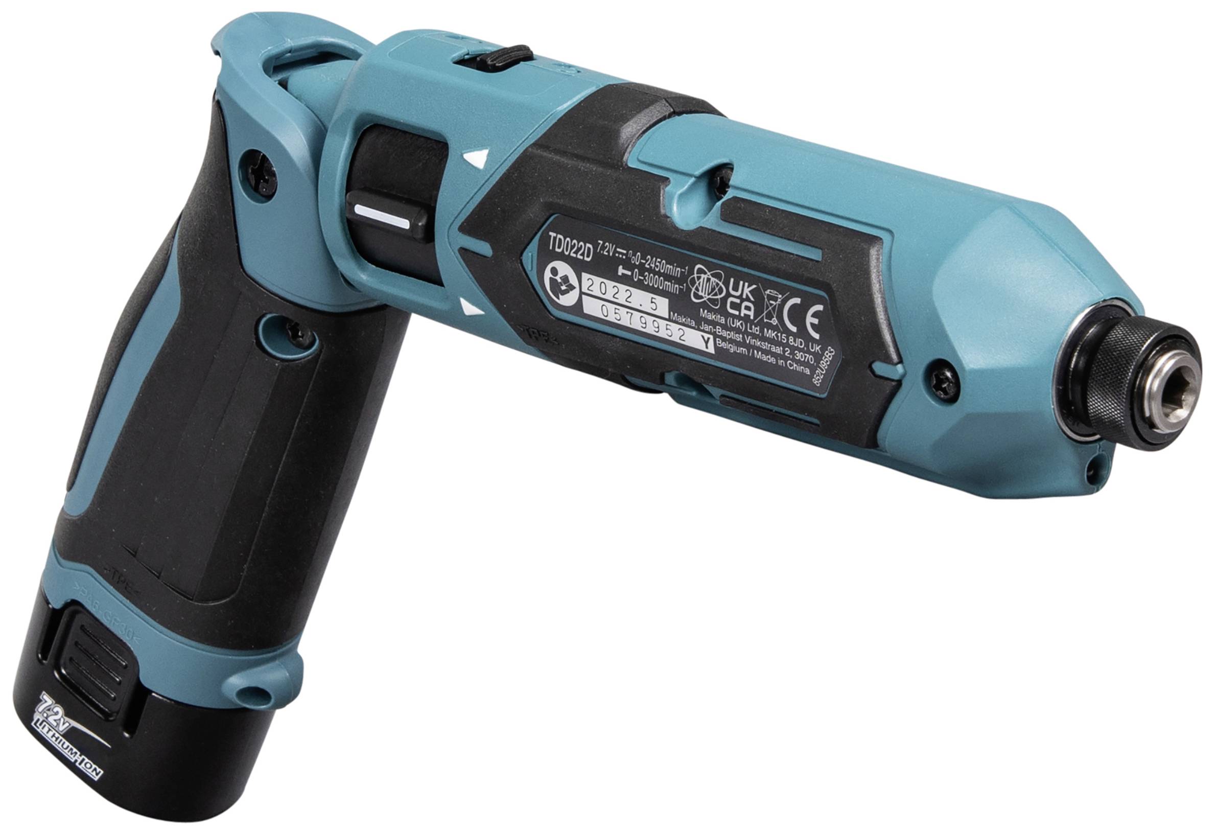 A blue, cordless electric screwdriver with a black handle, suitable for DIY tasks. Inscription shows technical details and brand logo.