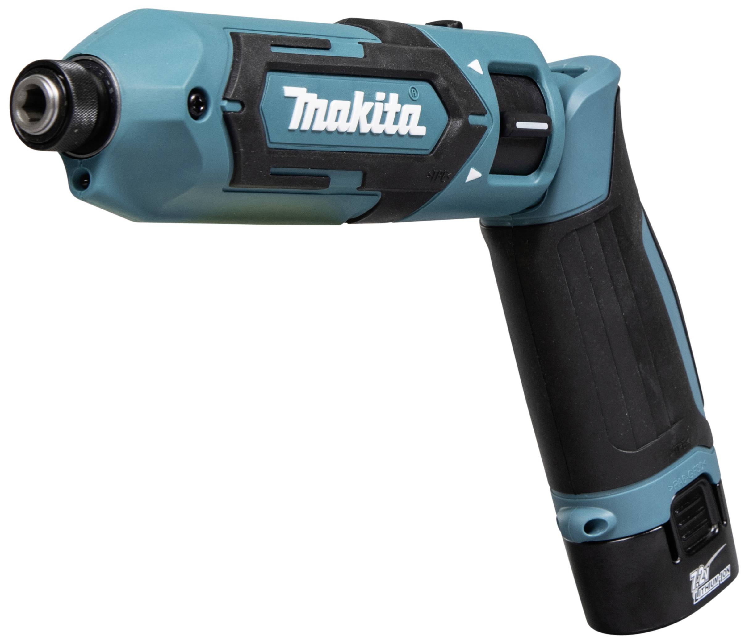 A blue, cordless power drill with a black handle and brand lettering on the side.