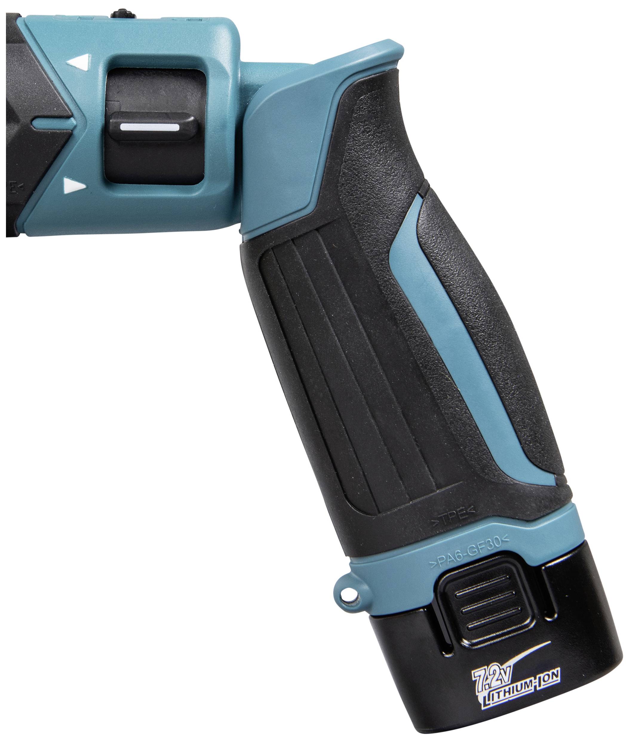 A cordless electric screwdriver with an ergonomic grip and 7.2V lithium-ion battery, perfect for small DIY projects.