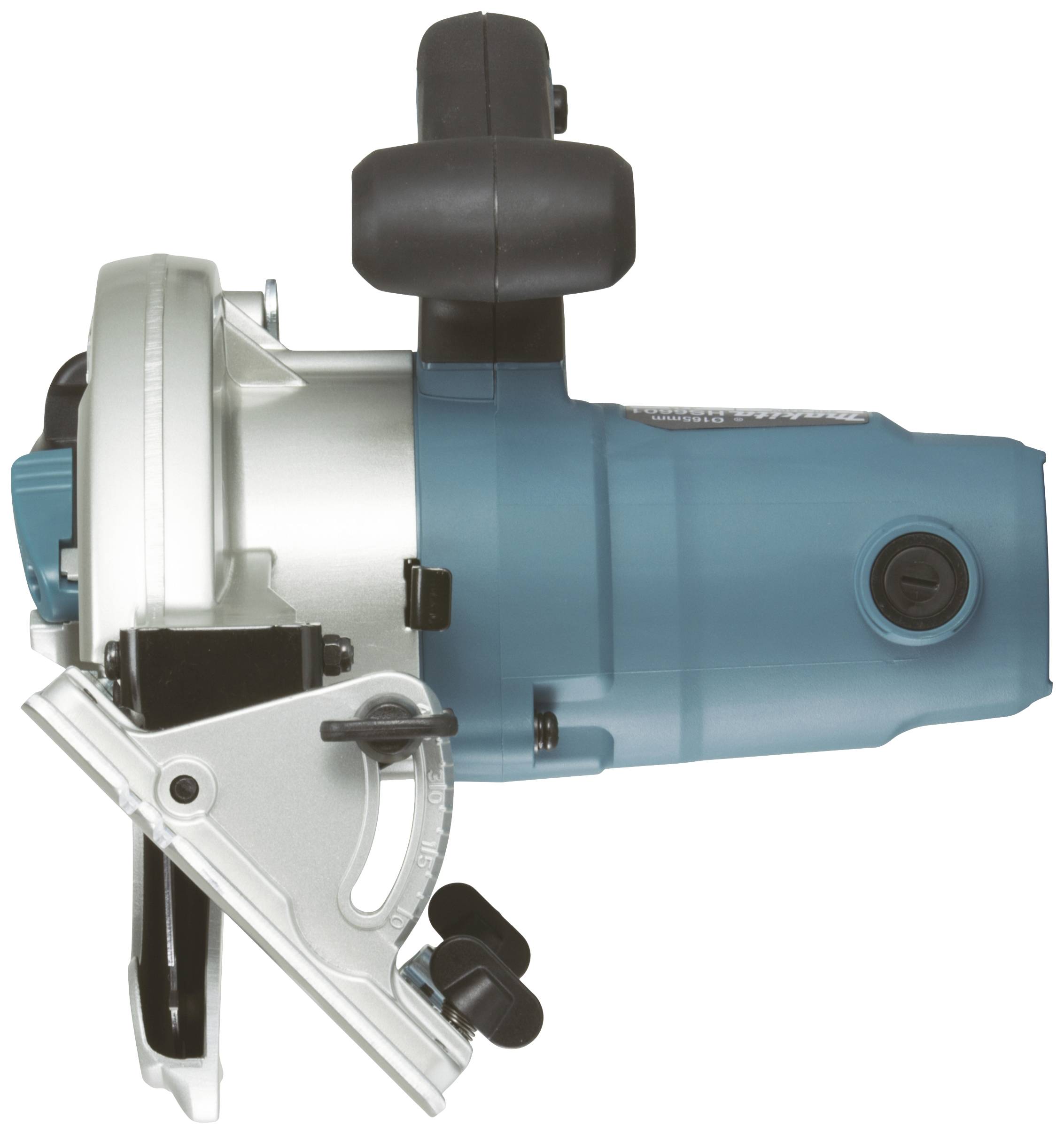 Electric circular hand saw in side view with blue casing and black handle.