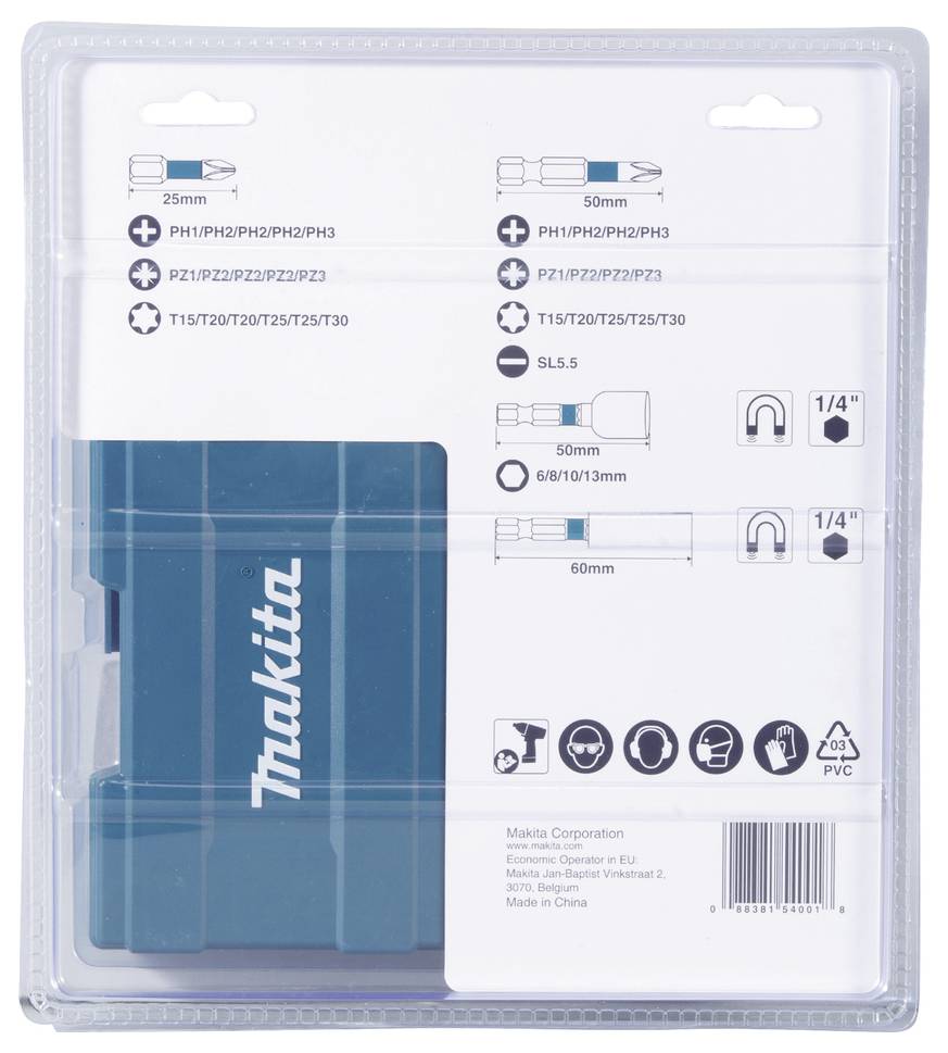 'Makita' bit set packaging with size specifications and symbols for Phillips, Pozidrive, Torx and slotted bits, along with square and U-shaped bit holders.