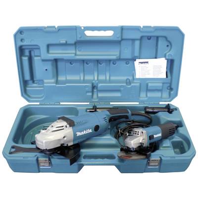 'Makita angle grinder set with two grinding machines in a blue open hard plastic case. Includes accessories and instructions.'