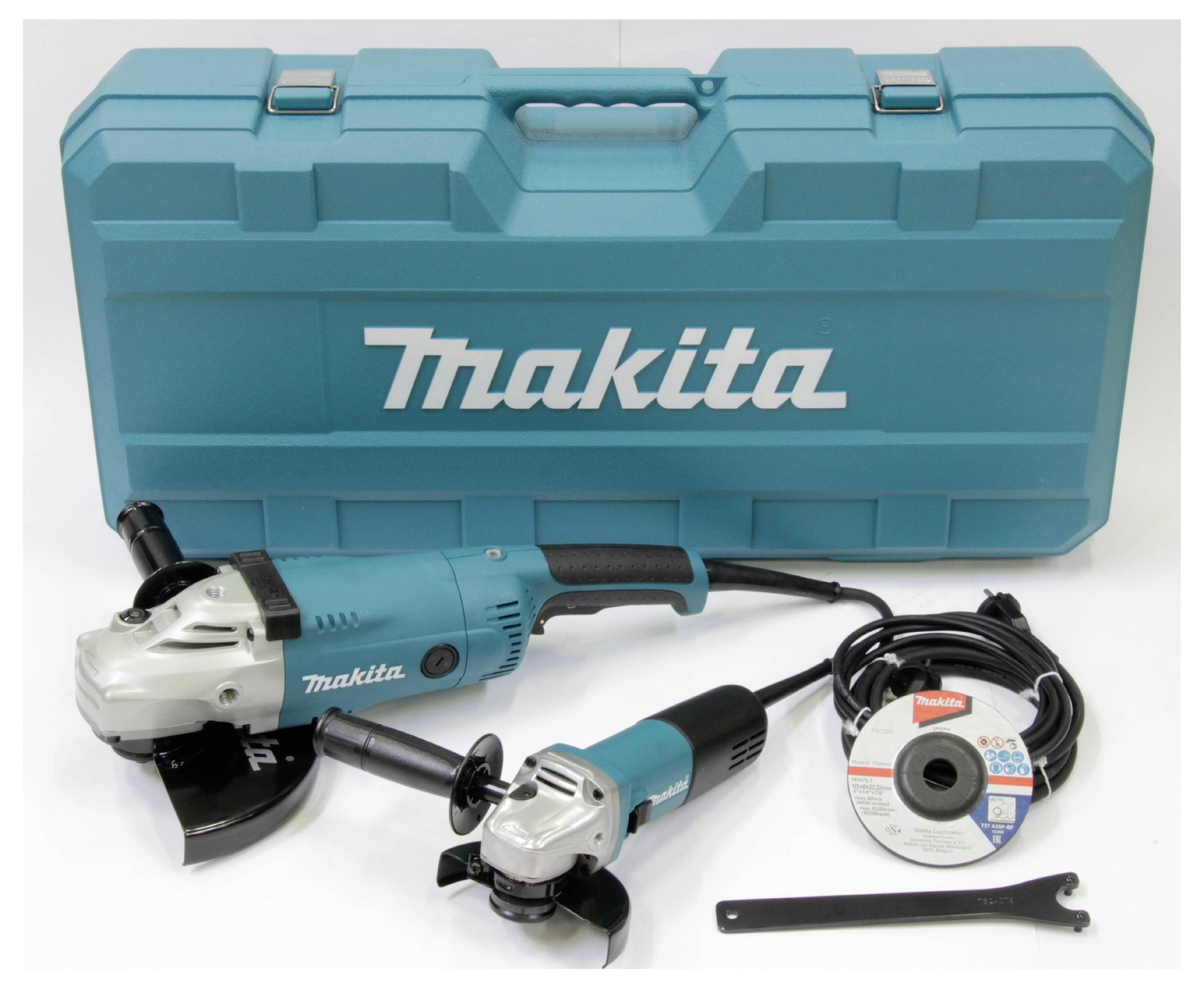 A set comprising two Makita angle grinders of different sizes, a cutting disc, a spanner, and a tool case.