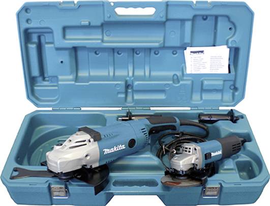 An open blue toolbox containing a large and a small electric angle grinder, with accessory compartments in the lid.