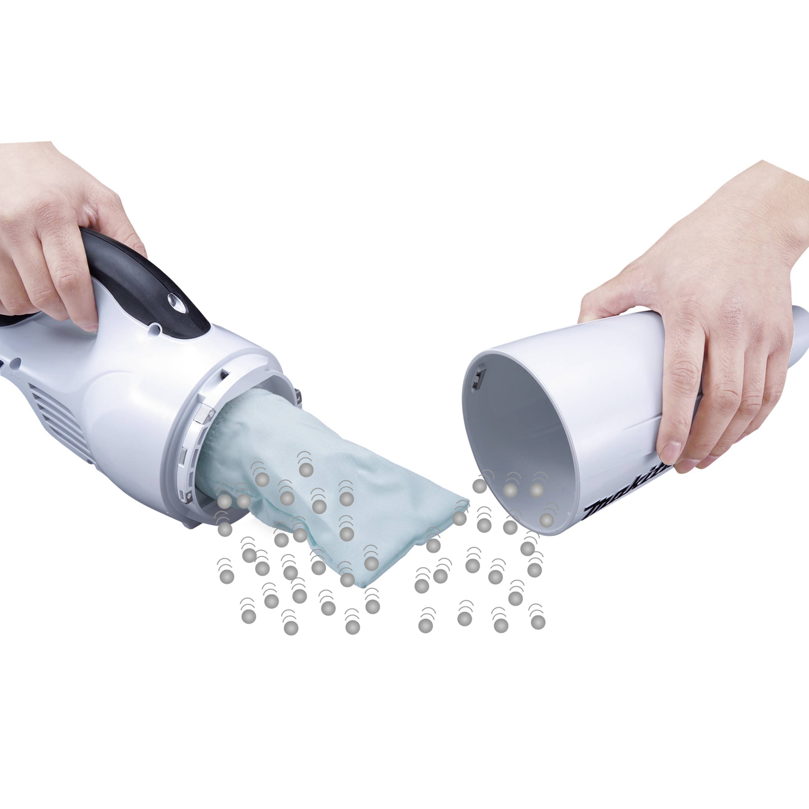 An electric lint remover in action. Blue fabric surface being cleaned of small silver lint. Hands holding the device.