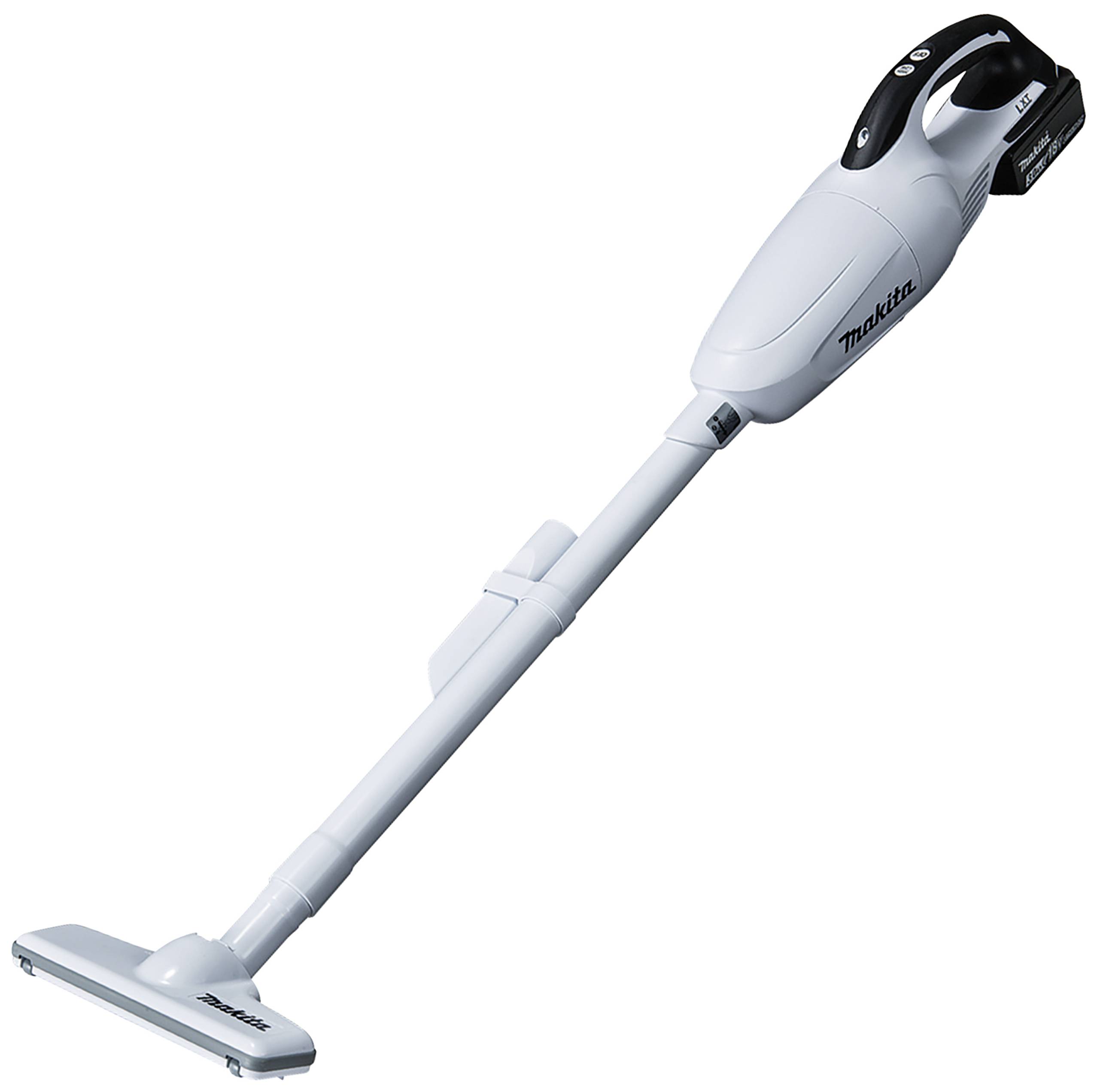 A cordless, white handheld vacuum cleaner at an angled view, branded with 'Makita'. Suitable for light cleaning tasks.