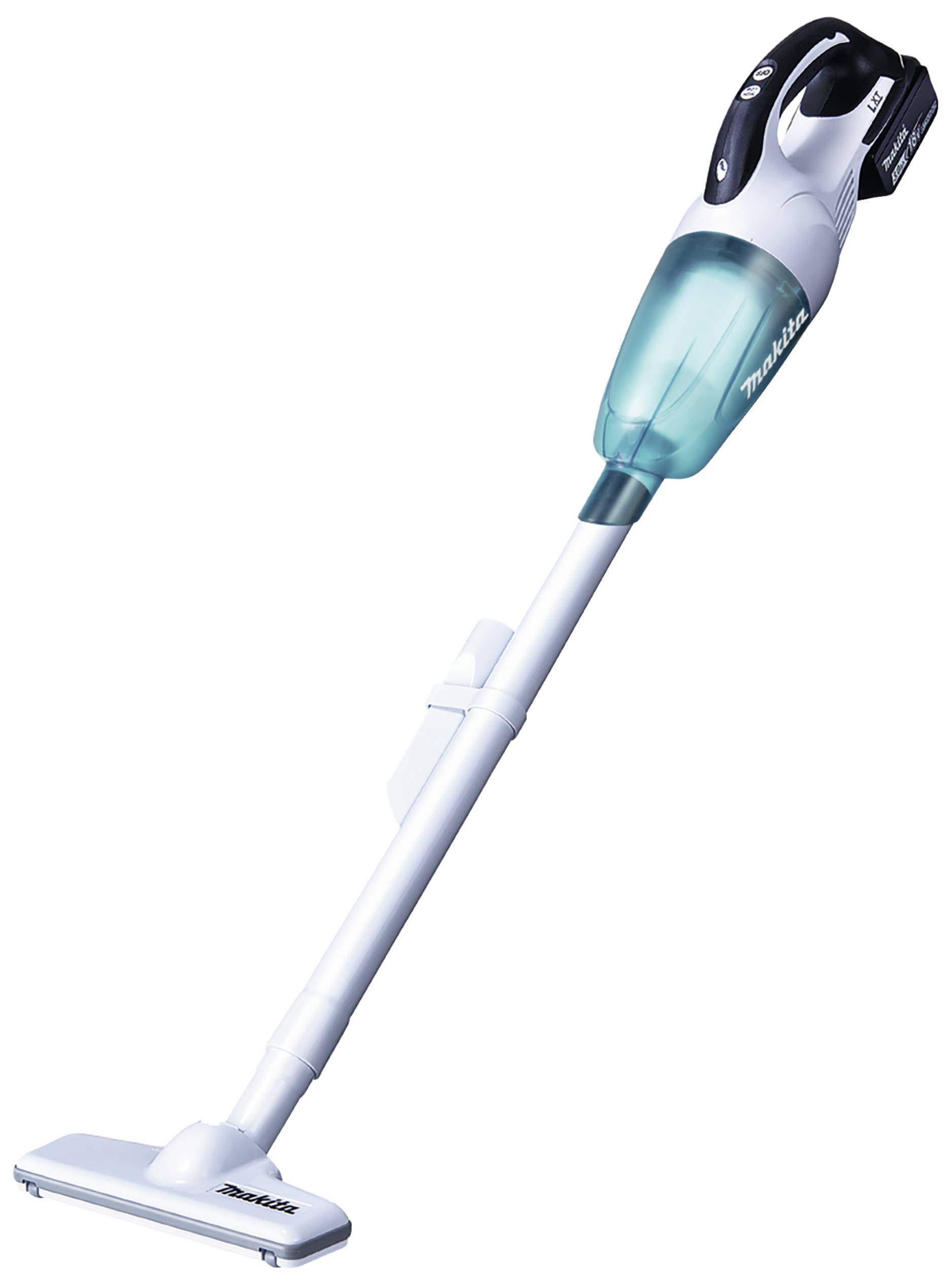 Cordless, white and turquoise handheld vacuum cleaner with long handle and flat floor nozzle attachment. Suitable for light dirt.