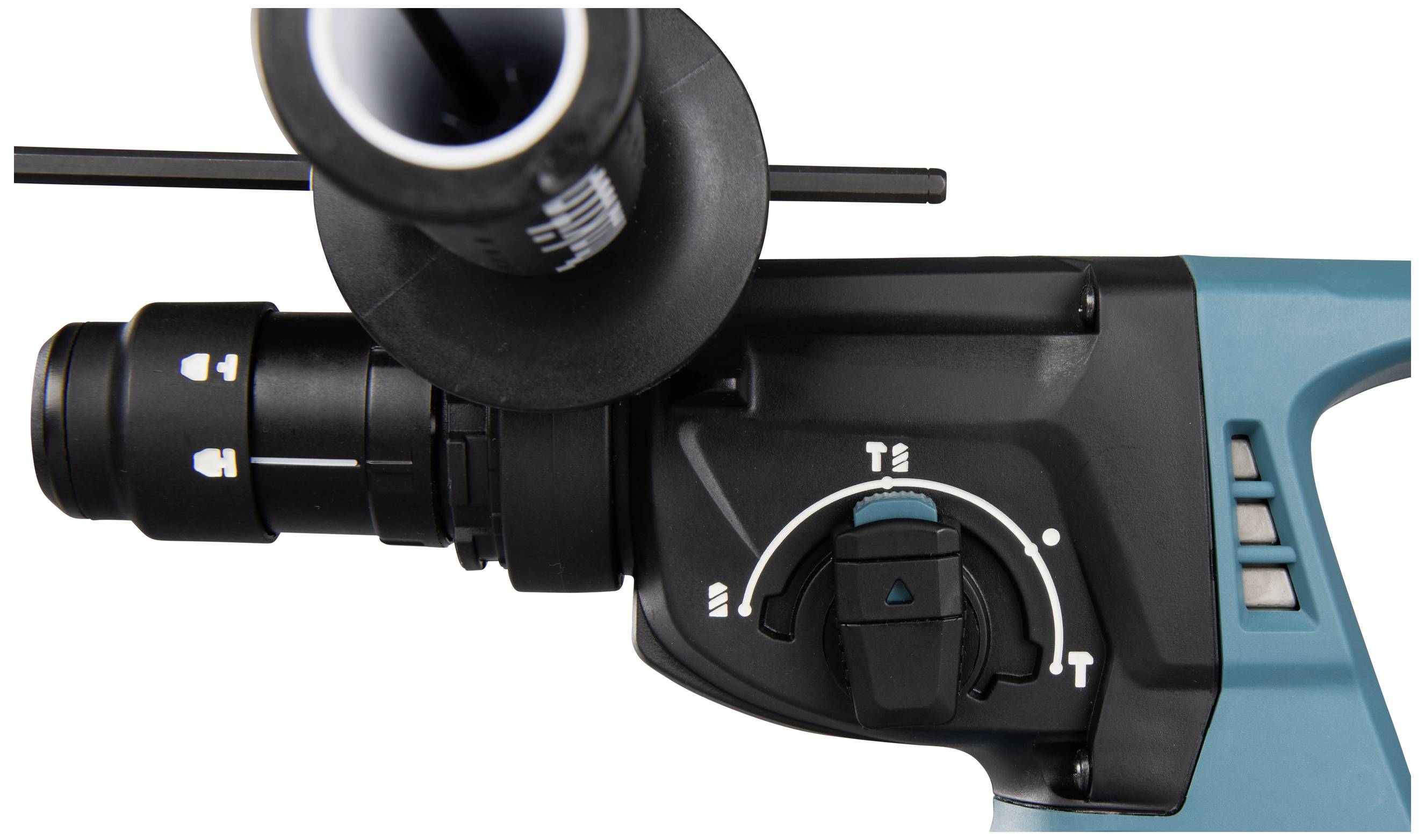 Close-up of a drill machine handle with a rotary selector for drilling or screwdriver mode and a rubberised grip.