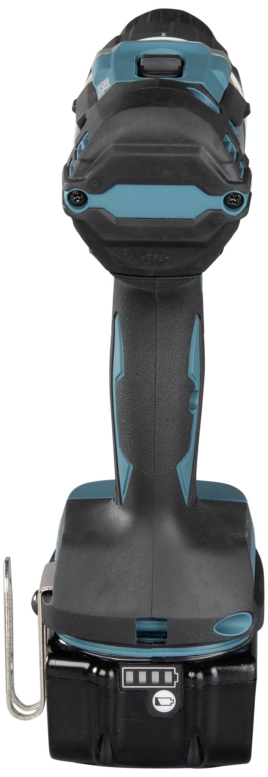 Cordless drill in black and blue design, front view, without drill bit inserted.