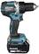 A cordless drill driver by Makita with a blue and black casing, powered by an 18V lithium-ion battery.
