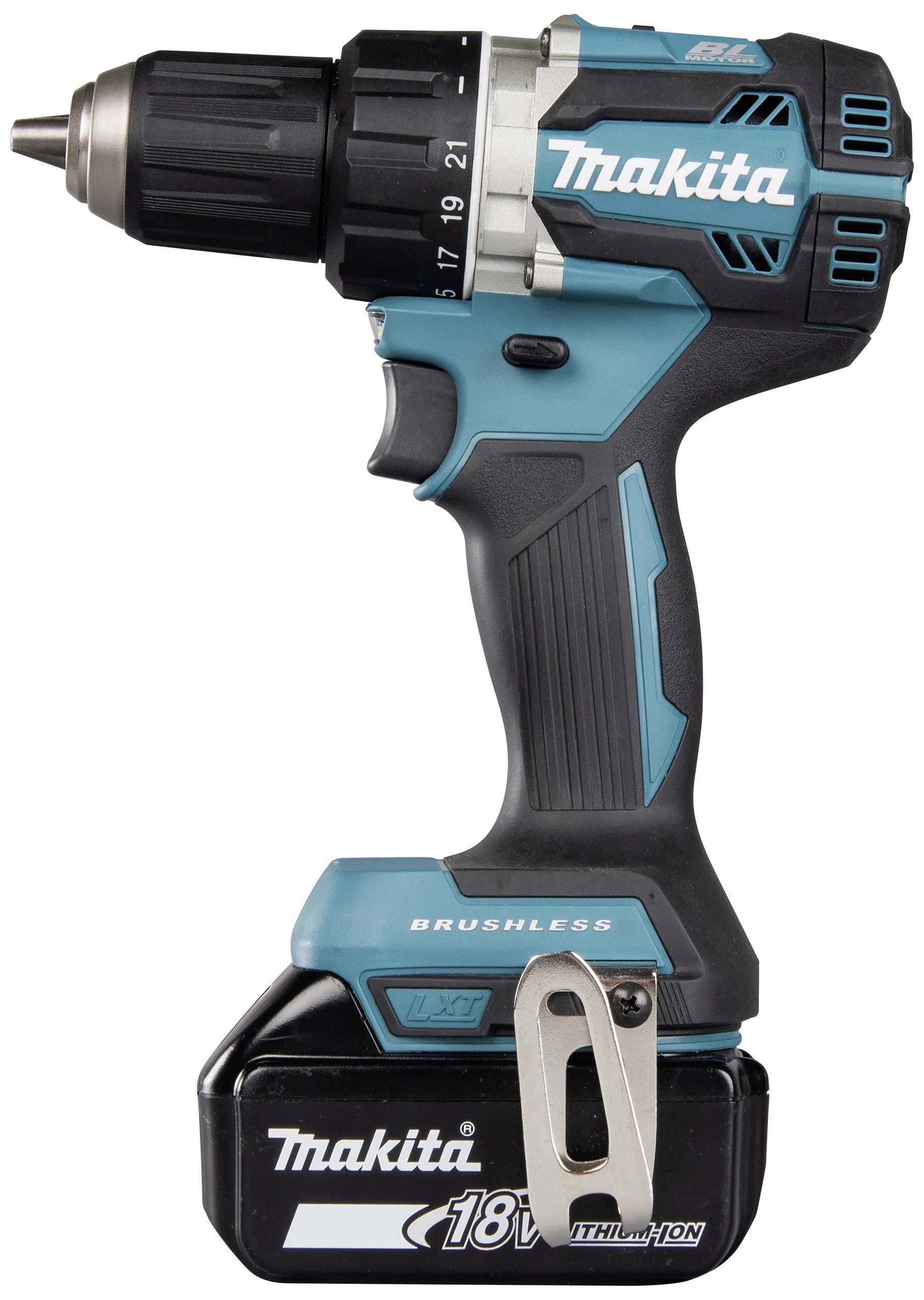 Cordless drill with a blue casing, silver chuck, and black handle. 'Makita' brand name on the side.