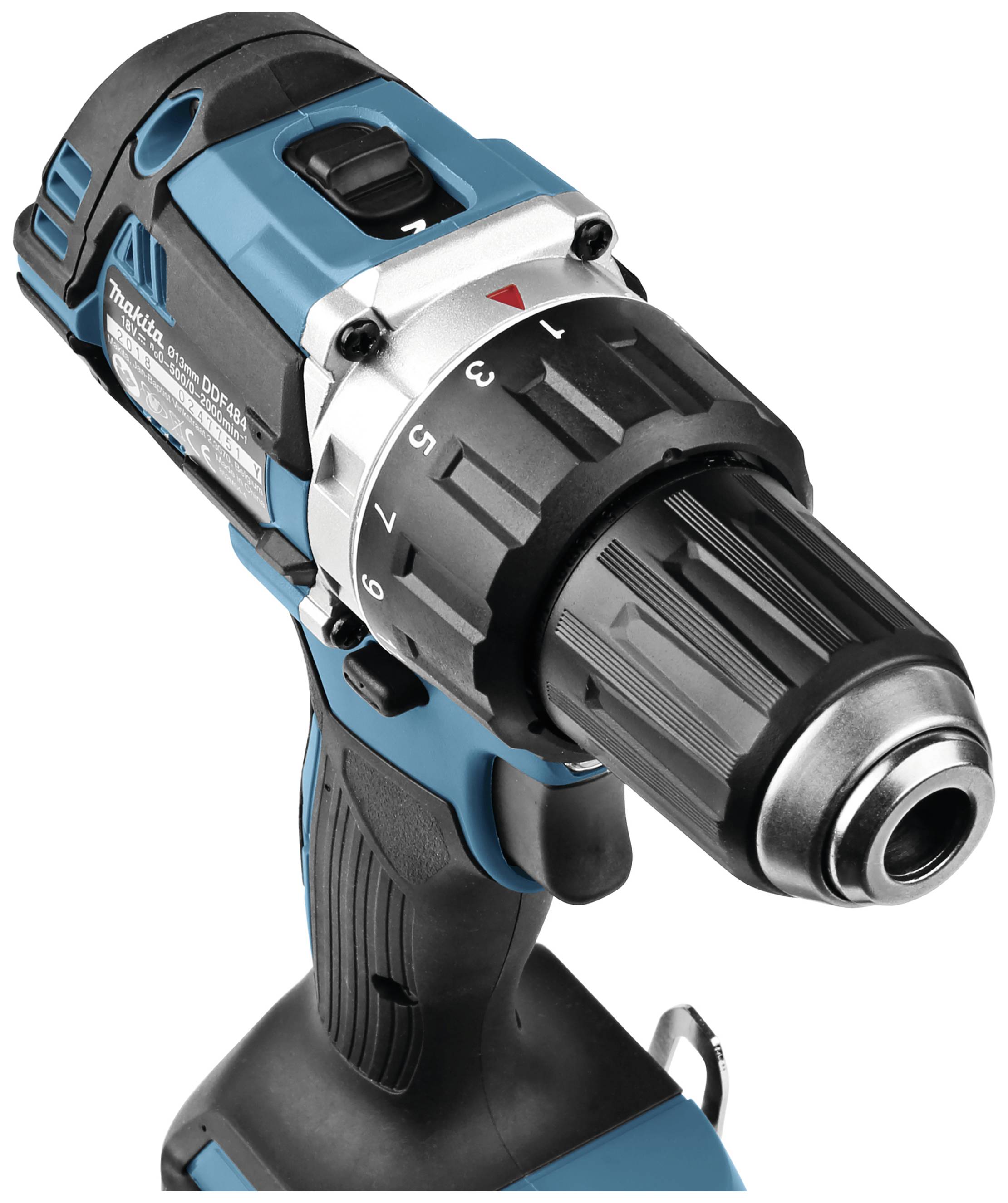 Cordless drill in close-up, with blue and black grip, torque setting dial visible showing numbers 1 to 3.