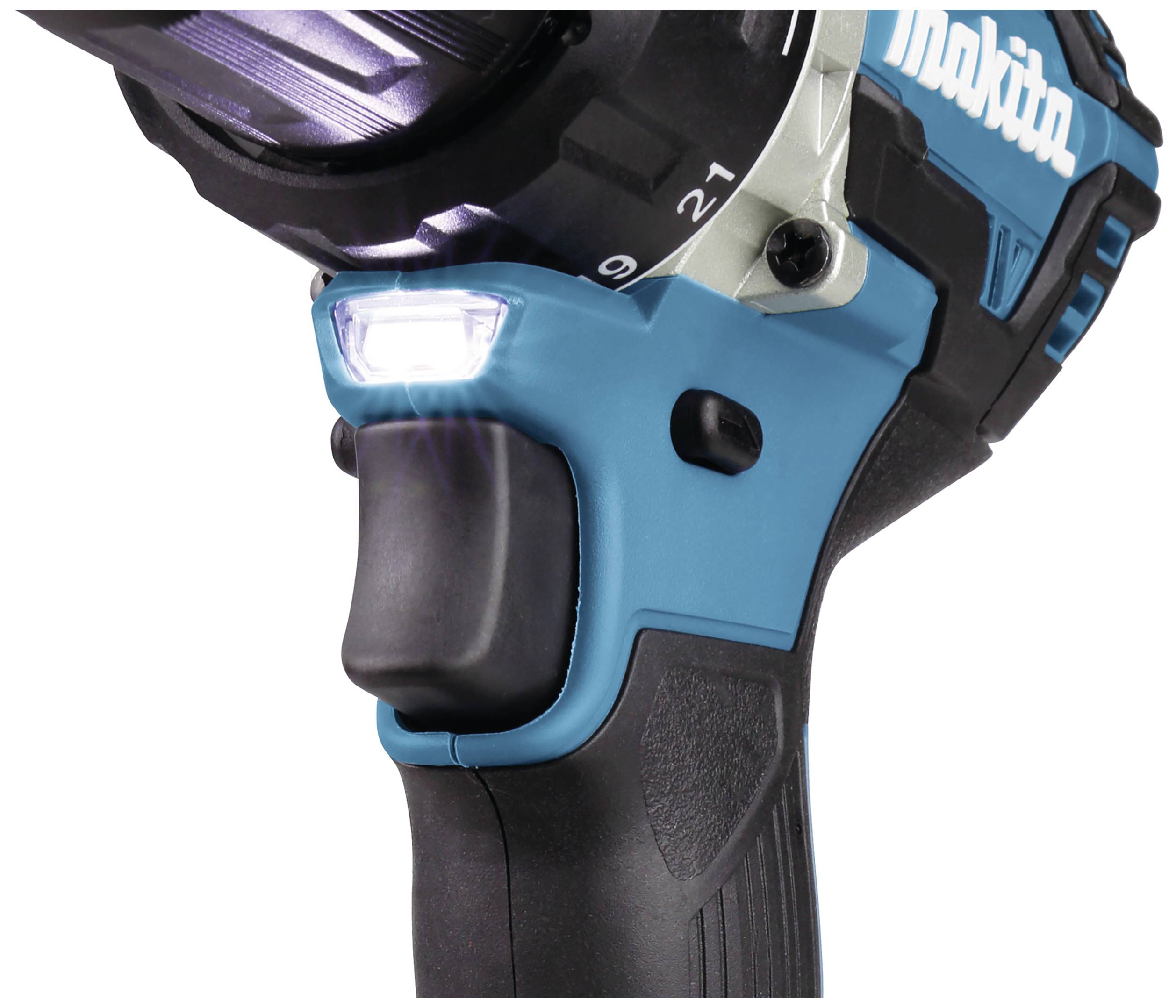 Cordless drill with integrated LED light, which illuminates the working surface.
