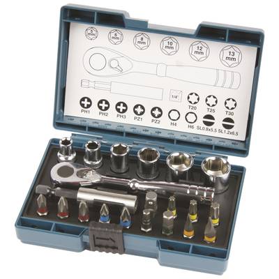 Ratchet Set in Blue Box: Ratchet, Socket Nuts, Bits, Extensions. Sizes from 8 to 13 mm, Cross and Slotted Bits Included.