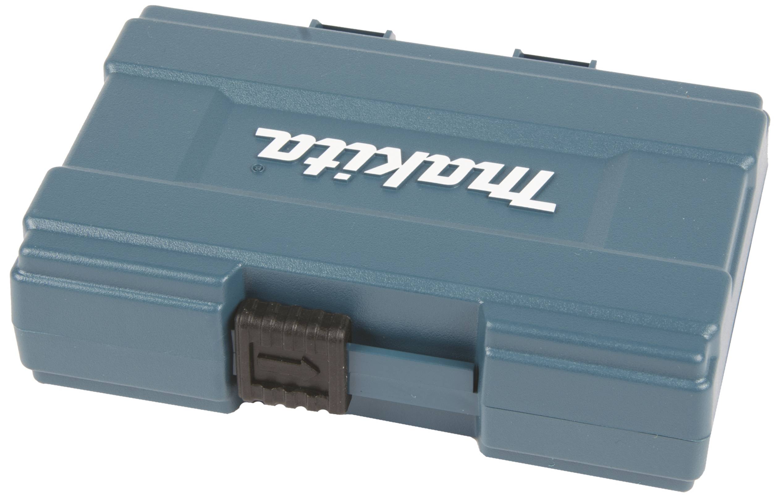 A blue tool case with the white 'Makita' lettering on the lid. The case is closed and has a black fastening mechanism.