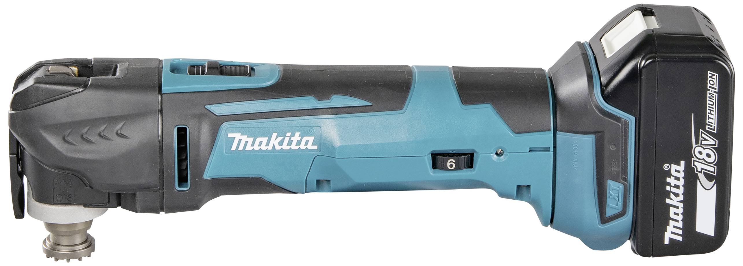 Makita blue and black cordless multi-tool, side view.