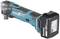 Makita battery-powered multi-tool with a blue and black design, battery compartment located on the right side.